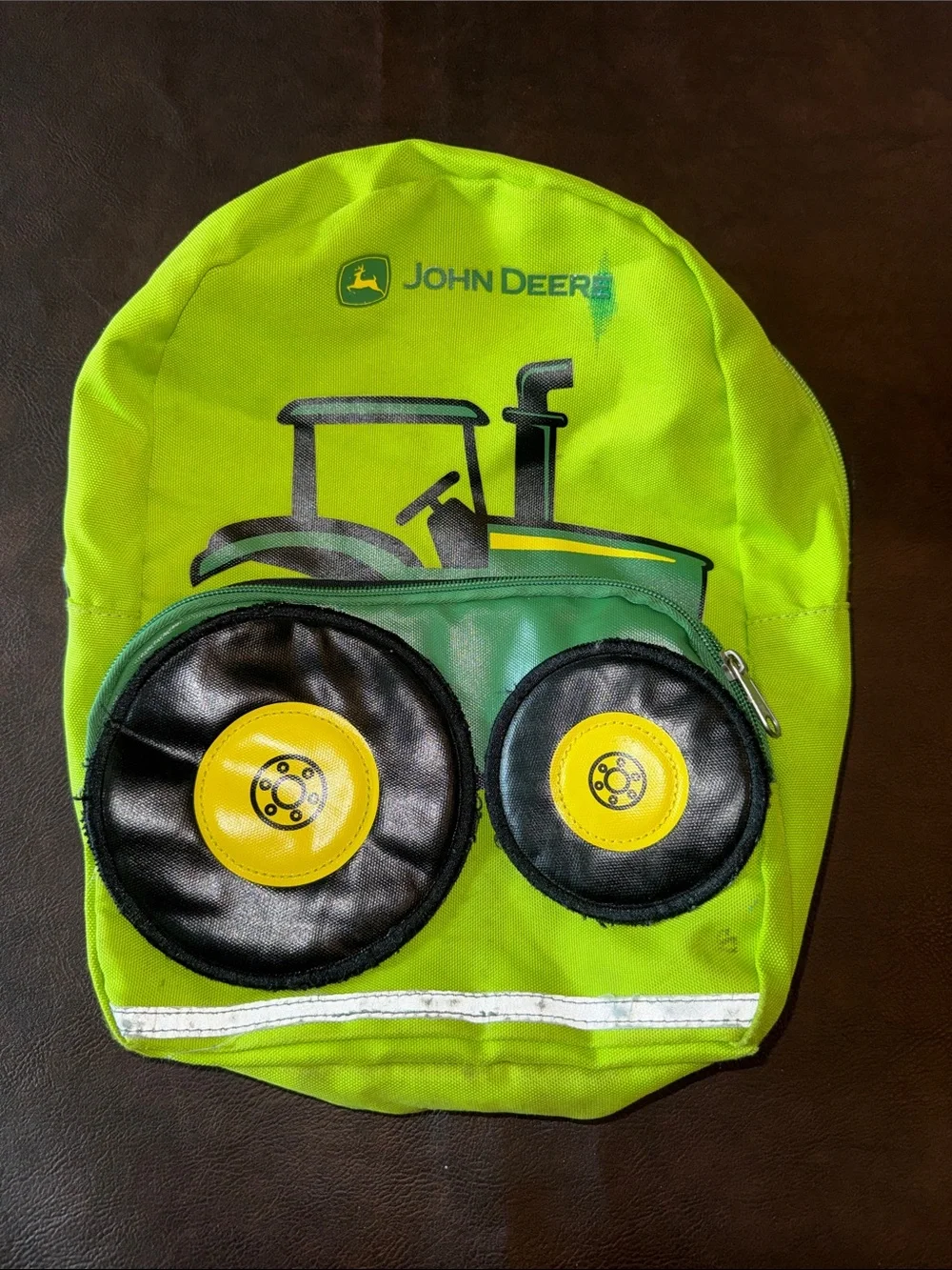 John Deere Bright Green Kids Tractor Backpack with Black & Yellow Wheel Pockets